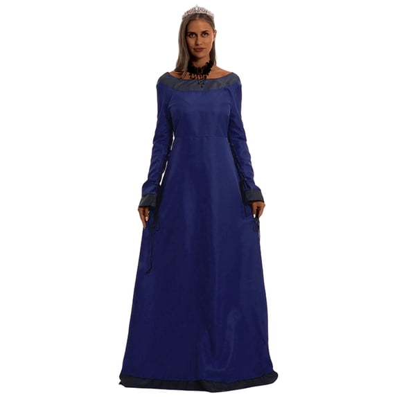 FYEGRE Elegant Gothic Style Dress Long Sleeve Round Neck Retro Gown For Stage Performance Themed Parties And Halloween Events Blue XXL