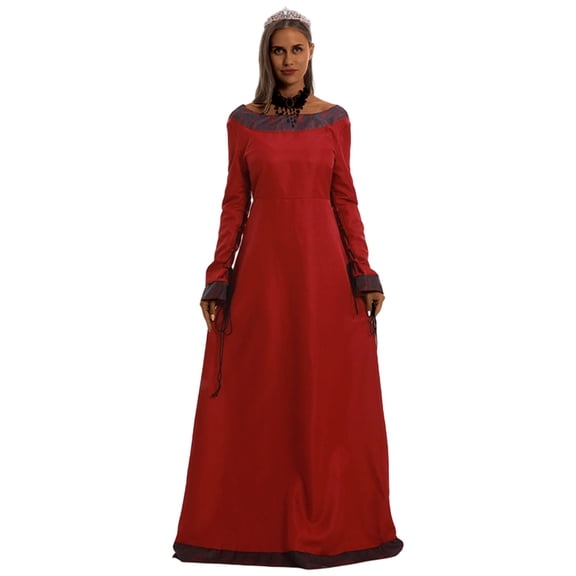 FYEGRE Elegant Gothic Style Dress Long Sleeve Round Neck Retro Gown For Stage Performance Themed Parties And Halloween Events Red S