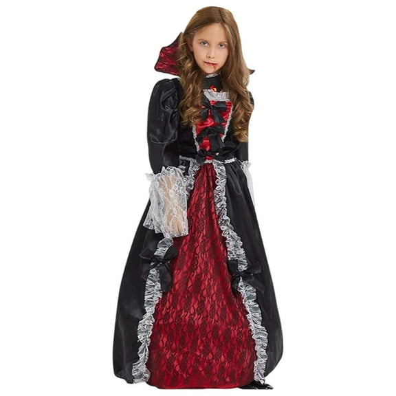 FYEGRE Elegant Gothic Witch Gown for Girls Halloween Long Dress with Lace Trim and Bow Role Play Party Outfit Watermelon Red 9-10 Years