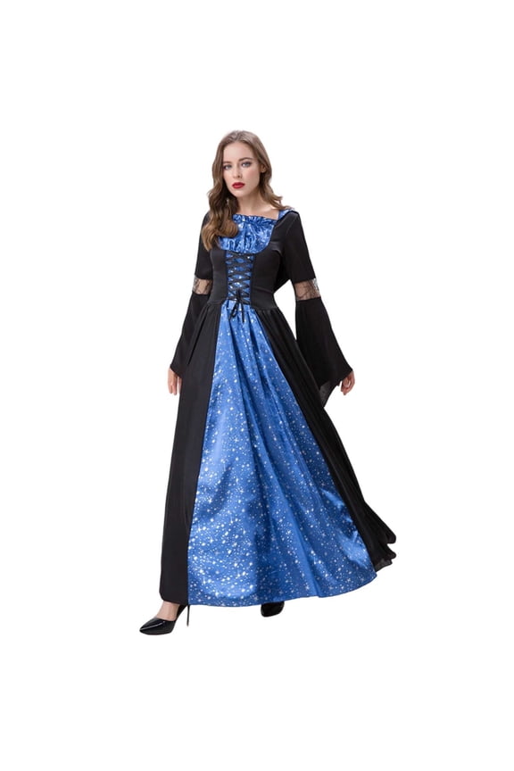 Elegant Gothic Witch Gown for Women Halloween Party Dress with Floral Print Blue M
