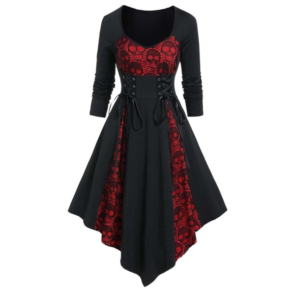 FYEGRE Elegant Ladies Lace Patchwork Dress For Halloween Party And Event Red L