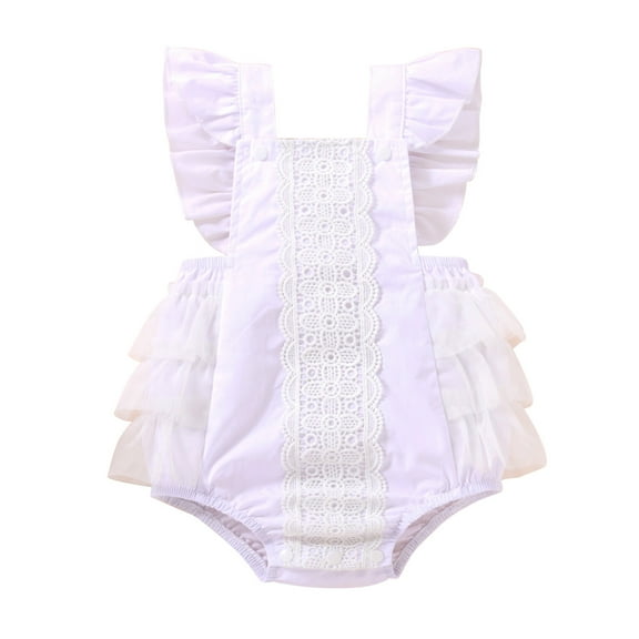 FYEGRE Elegant Sleeveless Lace Ruffled Romper Bodysuit For Baby Girls Delicate Jumpsuit Outfit White 9-12 Months