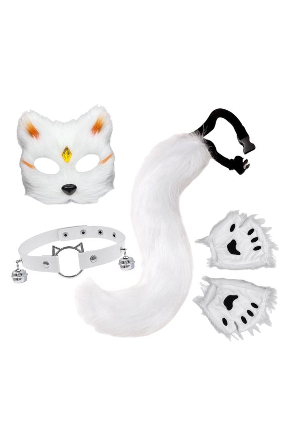 Elegant Style Ensemble with Gloves Facial Accessories Detachable Collar and Tail for Themed Parties White1 One Size