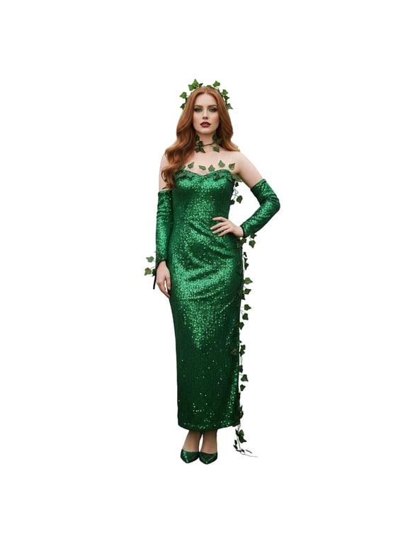 Elegant V Neck Leaf Sequin Gown With High Slit For Stage Performance Halloween Party Dance And Evening Events Green S