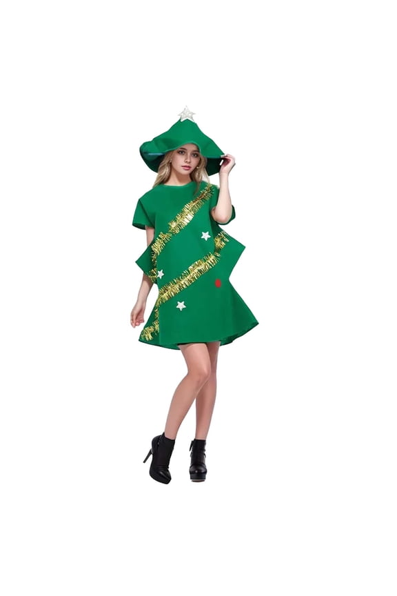 Elegant Women's Christmas Tree Themed Party Gown with Sparkling Shiny Hooded Design for Festive Holiday Celebrations B S