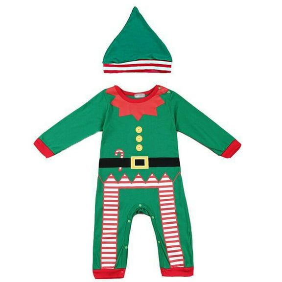 FYEGRE Festive Holiday Girls Two Piece Outfit Set Long Sleeve Cartoon Print Romper and Matching Hat Playwear Ensemble Green 6-12 Months