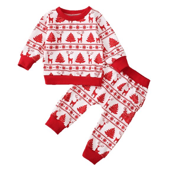 FYEGRE Festive Holiday Outfit Set for Toddlers Cozy Winter Deer Print Top and Pants Playwear Ensemble Red 12-18 Months