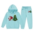 thumbnail image 1 of FYEGRE Festive Holiday Print Girls Long Sleeve Hooded Sweater and Pants Outfit Set with Letter Design for Toddler and Youth Sizes Sky Blue 8-9 Years, 1 of 4