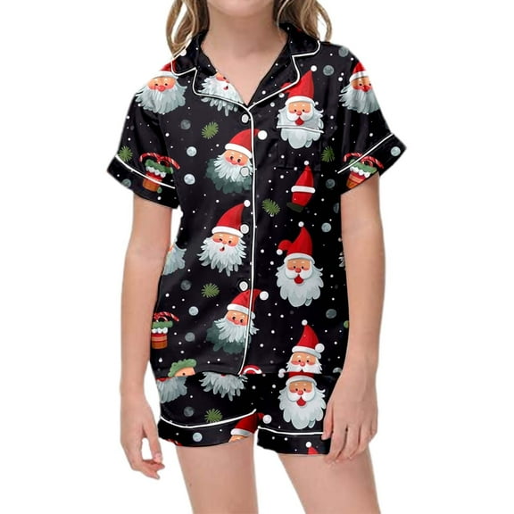 FYEGRE Festive Holiday Print Short Pajama Set For Girls Soft Seasonal Sleepwear Two Piece Outfit Comfortable Toddler Youth Jammies Black 6-7 Years