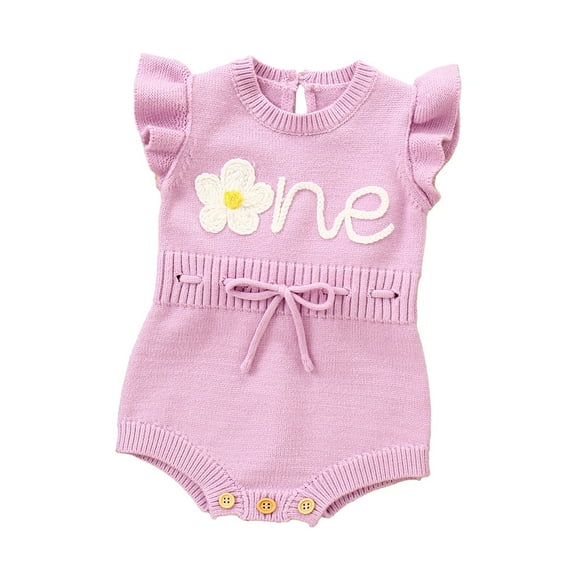 FYEGRE First Birthday Outfit Floral Embroidered Drawstring Crochet Knit Romper Bodysuit for Baby Girls Wear Purple 12-18Months