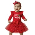 thumbnail image 1 of FYEGRE My First Christmas Baby Girls Holiday Party Outfit Set with Long Sleeve Romper Skirt and Hair Accessories for Toddler Winter Festive Season Watermelon Red 9-12 Months, 1 of 6