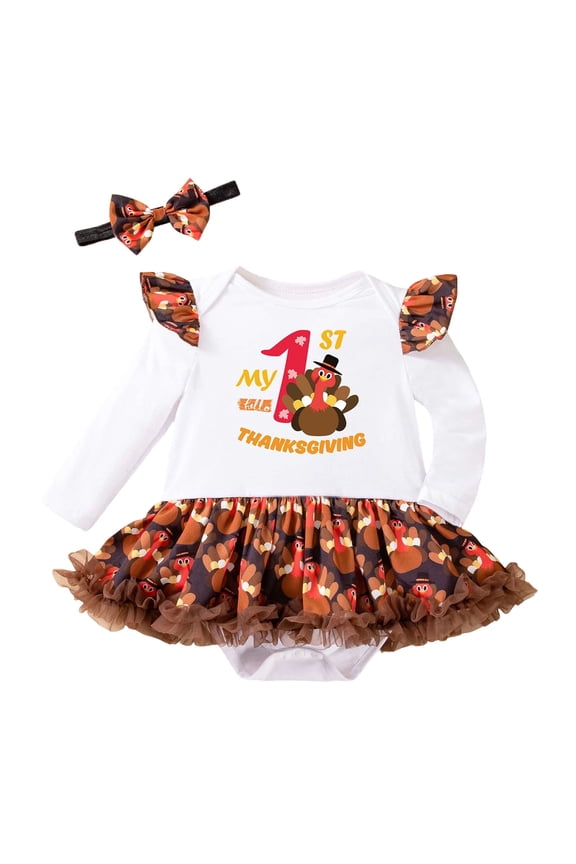 My First Thanksgiving Baby Girls Long Sleeve Romper Outfit with Festive Turkey Print and Adorable Hair Accessories for Toddler Holiday Celebration Watermelon Red 9-12 Months