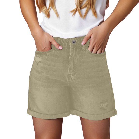 FYEGRE Flared Leg Women's Pants Womens Denim Shorts Stretchy Mid High Waisted Summer Beach Casual Ripped Loose Fit Hot Khaki XL