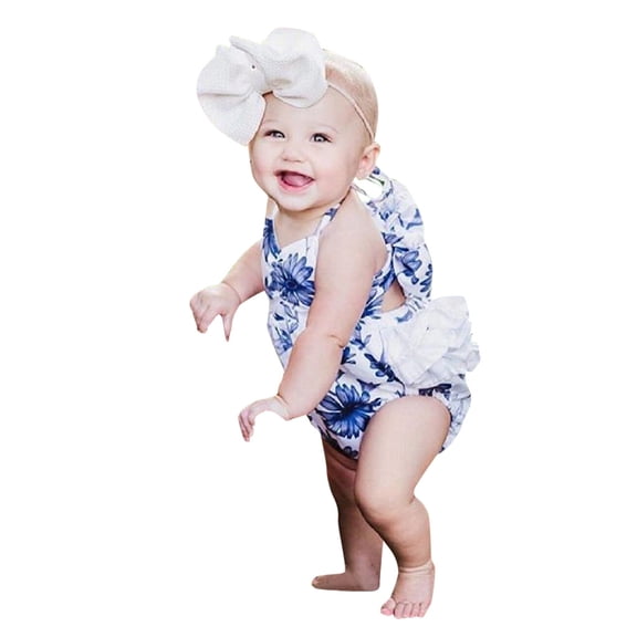 FYEGRE Floral Backless Strap Romper Outfit for Boys and Girls Comfortable Baby Bodysuit Jumpsuit with Adjustable Shoulder Ties Blue 12-18 Months