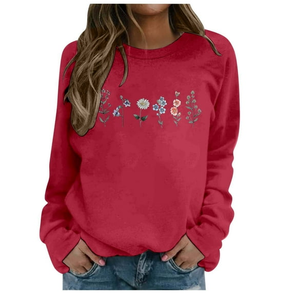 FYEGRE Flower Graphic Sweatshirt for Women Floral Printed Vintage Long Sleeves Shirt Crewneck Hoodie Loose Pullovers Tops Red M