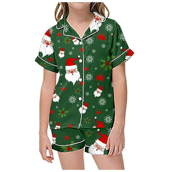 FYEGRE Girls Casual Christmas Print Button Down Lapel Short Sleeved Top and Shorts Pajama Two-Piece Set for Festive Holiday Comfort Green 8-9 Years