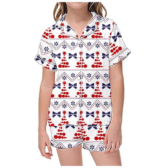 FYEGRE Girls Casual Christmas Print Pajama Set with Lapel Button Down Short Sleeve Top and Comfy Shorts for Festive Holiday Wear White 12-13 Years