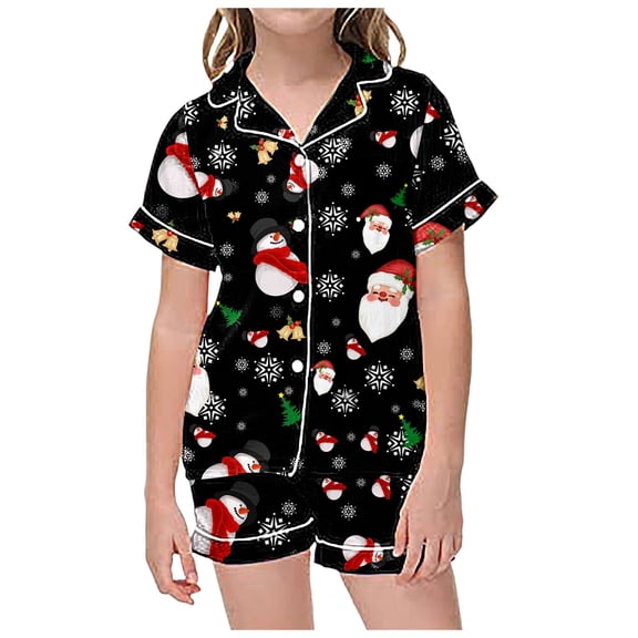 FYEGRE Girls Christmas Print Casual Button Down Lapel Short Sleeve Top and Shorts Pajama Set for Festive Holiday Comfort and Joy Black 10-11 Years