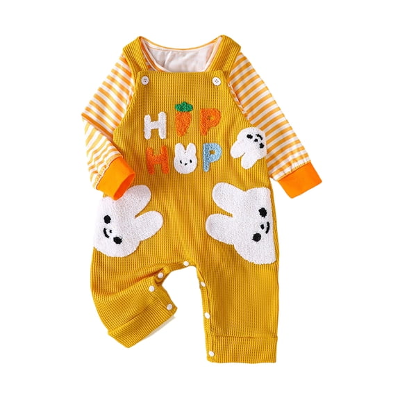 FYEGRE Girls Easter Outfit Bunny Embroidery Short Sleeve Romper Overall Pants Set Adorable Bunny Embroidered Striped Romper Two Piece Playwear Set for Little Girls Soft Outfit Orange3 6-12 Months