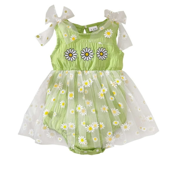 FYEGRE Girls Floral Romper Sleeveless Mesh Tutu Bodysuit Outfit for Baby Summer Wear Green 12-18 Months