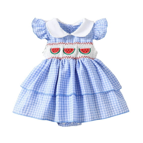FYEGRE Girls Fly Sleeve Plaid Romper Embroidered Jumpsuit Cute Smocked Western Baby Outfit Blue 18-24 Months