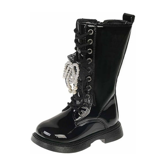 FYEGRE Girls Lace Up Riding Boots Mid Calf Combat Boots PU Leather Side Zipper Punk Goth Boot Black 15-16 Years