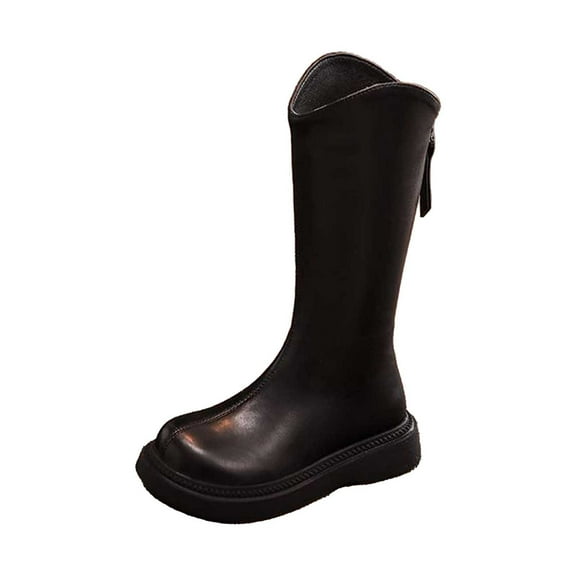 FYEGRE Girls' Long Shaft Leather Riding Boots with Side Zip, Elegant Ankle Boots, Non- Shoes, Warm Autumn Boots, Winter Boots Black 8-9 Years