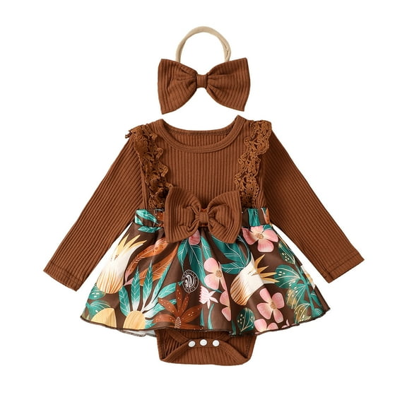 FYEGRE Girls Long Sleeve Pullover Romper Sweatshirt Skirt Bodysuit Outfit Brown 12-18 Months