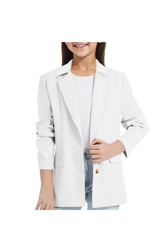 Girls Long Sleeve Shawl Collar Formal Suit Jacket Open Front Inside Pocket Kids White 7-8 Years