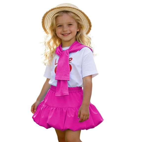 FYEGRE Girls Outfit with Short Sleeve Top, Ruffled Skirt & Socks, Cute Preppy Ensemble for Spring/Summer, School & Family Trips Hot Pink 6-7 Years