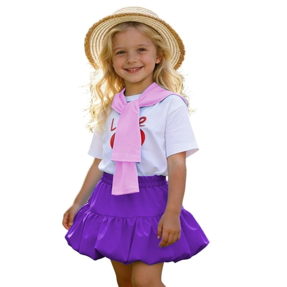 FYEGRE Girls Outfit with Short Sleeve Top, Ruffled Skirt & Socks, Cute Preppy Ensemble for Spring/Summer, School & Family Trips Purple 8-9 Years