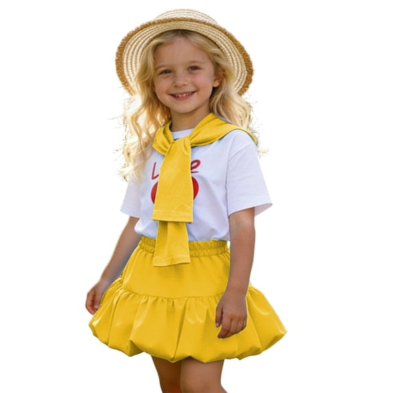 FYEGRE Girls Outfit with Short Sleeve Top, Ruffled Skirt & Socks, Cute Preppy Ensemble for Spring/Summer, School & Family Trips Yellow 6-7 Years