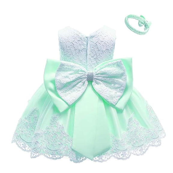 FYEGRE Girls Pageant Lace Dresses Baby Birthday Party Embroidery Dress with Headwear Light Green 0-3 Months