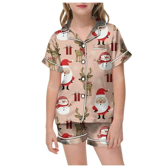 FYEGRE Girls Personality Pajama Set Two Piece Outfit With Shirt And Pants Featuring Pockets For Holiday Christmas Sleepwear Comfort Khaki 4-5 Years