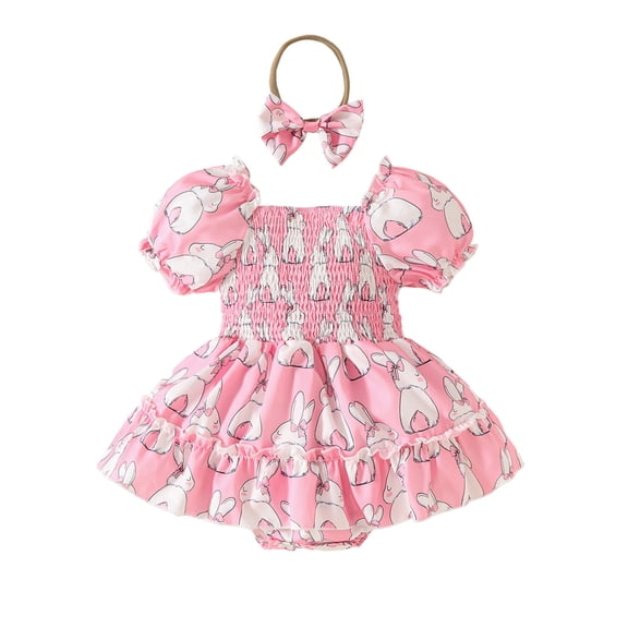 FYEGRE Girls Short Sleeve Easter Romper Bodysuit Dress with Carrot Print and Headband Set for Baby Outfit Pink 6-9 Months