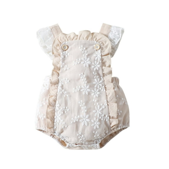FYEGRE Girls Sleeveless Lace Floral Backless Romper Baby Bodysuit Outfit Beige 6-9 Months