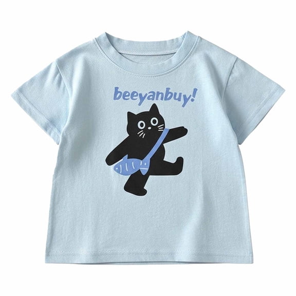 FYEGRE Girls Summer Casual Short Sleeve Tee Soft Comfortable Blend Shirt With Adorable Cute Prints For Daily Wear Sky Blue 3-4 Years