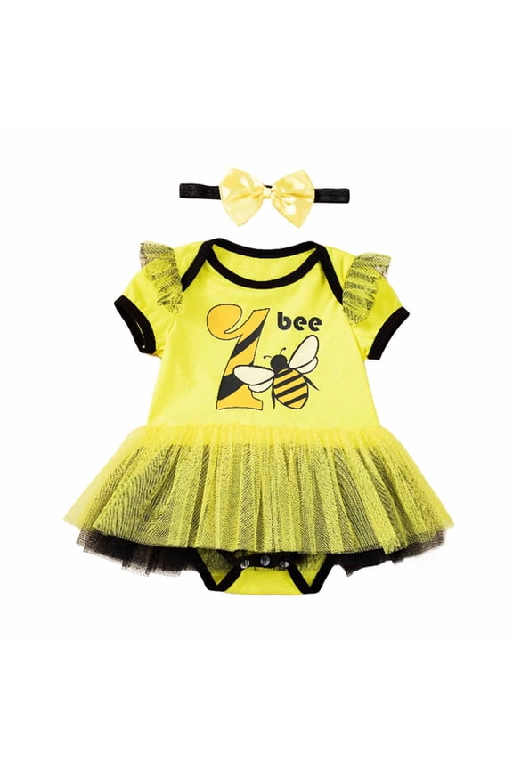 Girls Summer E Print Romper and Headband Two Piece Cartoon Character Outfit Set for Baby Toddler Yellow 6-9 Months
