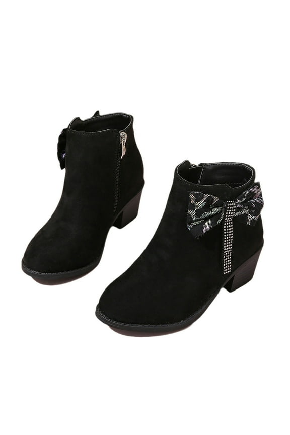 Girls Toddler Bow knot Ankle Boots Low Chunky Heel Side Zipper Cute Dress Booties Little Big Kid Black 7-8 Years