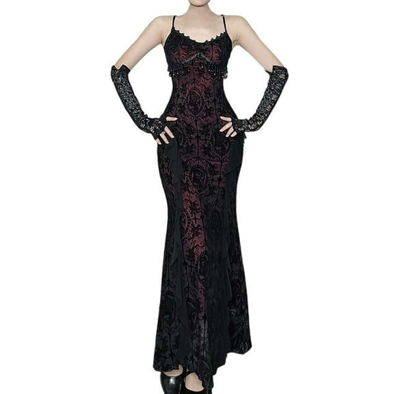 FYEGRE Gothic Dark Elegant Strap Dress Halloween Lace Up Formal Party Attire Red L