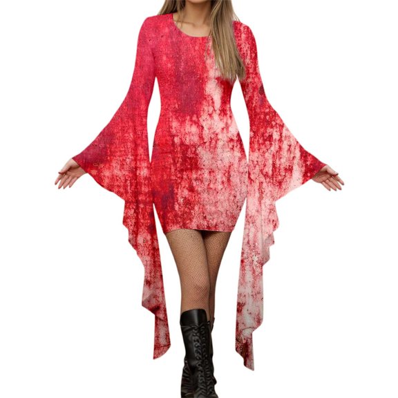 FYEGRE Gothic Punk Batwing Sleeve Irregular Hem Printed Party Dress for Women Elegant Halloween Attire with Dramatic Design Red M