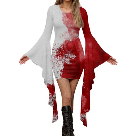 FYEGRE Gothic Punk Batwing Sleeve Irregular Hem Printed Party Dress for Women Halloween Elegant Evening Attire Red L