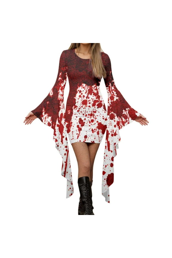Gothic Punk Women's Halloween Party Dress with Dramatic Bat Sleeves and Irregular Printed Design for Events Red L