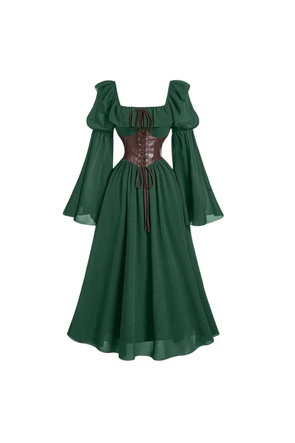 Gown Featuring Dramatic Flared Sleeves And Square Neck Design For Historical Events And Themed Parties Green M