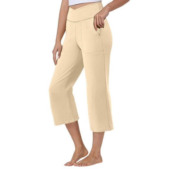 FYEGRE High Waisted Stretch Women's Pants Women's High Waist Cropped Casual Pants for Daily Wear Yoga Comfort and Summer Style with Soft Stretch Fabric Beige L