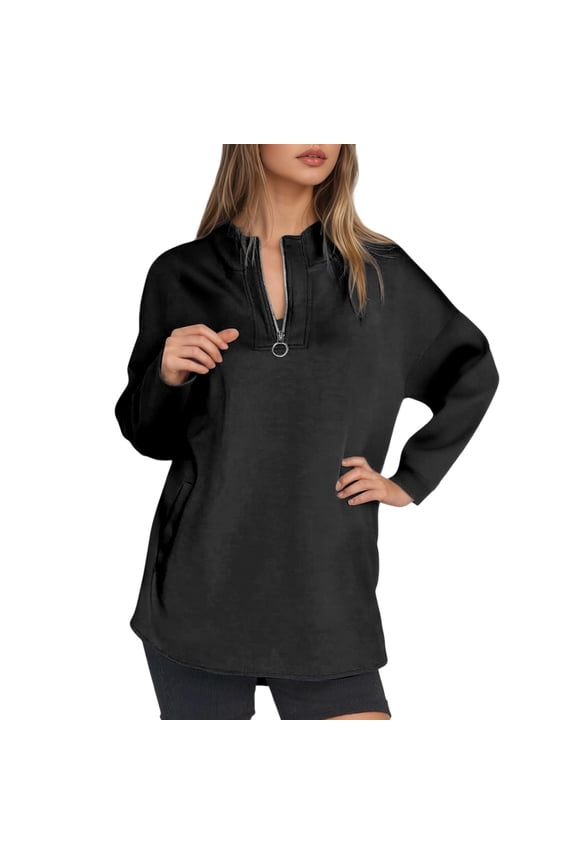 Hiking Warm Thermal Water-Resistant Ladies' Hoodie Women's Half Zip High Neck Pullover Hoodie with Zipper for Fall and Winter Comfort Wear Black XXXL