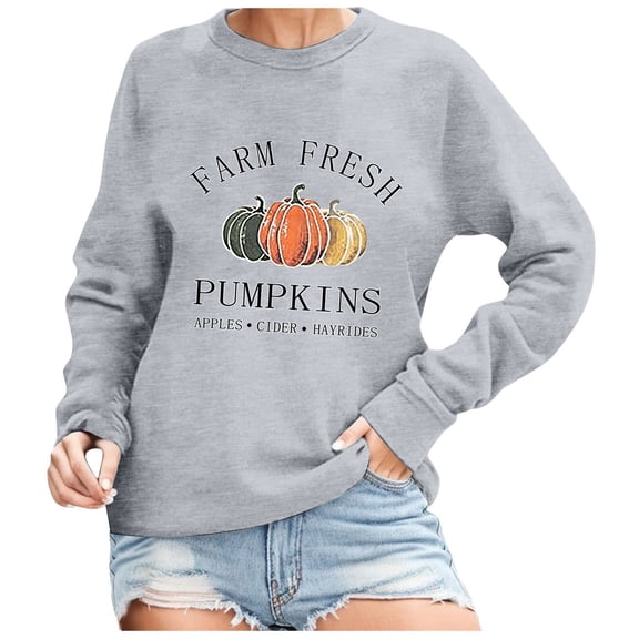 FYEGRE It's Fall Y'all Leopard Plaid Dot Pumpkin Sweatshirt Women's Halloween Long Sleeve Casual Pullover Tops Light Gray L