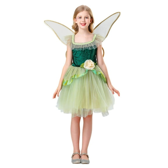 FYEGRE Kids Fairy Halloween Dress with Fluttery Puffy Skirt for Girls Party Performance Outfits Elegant Design Green 120