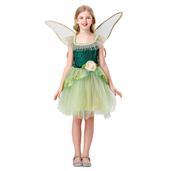 FYEGRE Kids Fairy Halloween Dress with Fluttery Puffy Skirt for Girls Party Performance Outfits Elegant Design Green 140