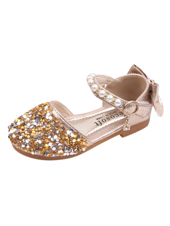 Kids Girls Dress Pumps Glitter Sequins Princess Low Heels Princess Dress Shoes Party Dance Shoes Rhinestone Sandals Gold 18-24 Months